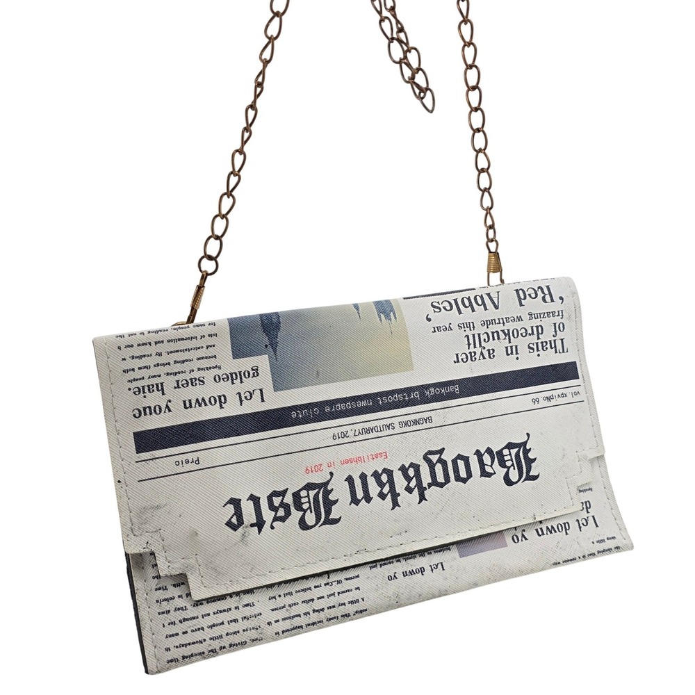 Newspaper Print Bag Envelope Clutch Small White Black Chain Strap Crossbody Y2K